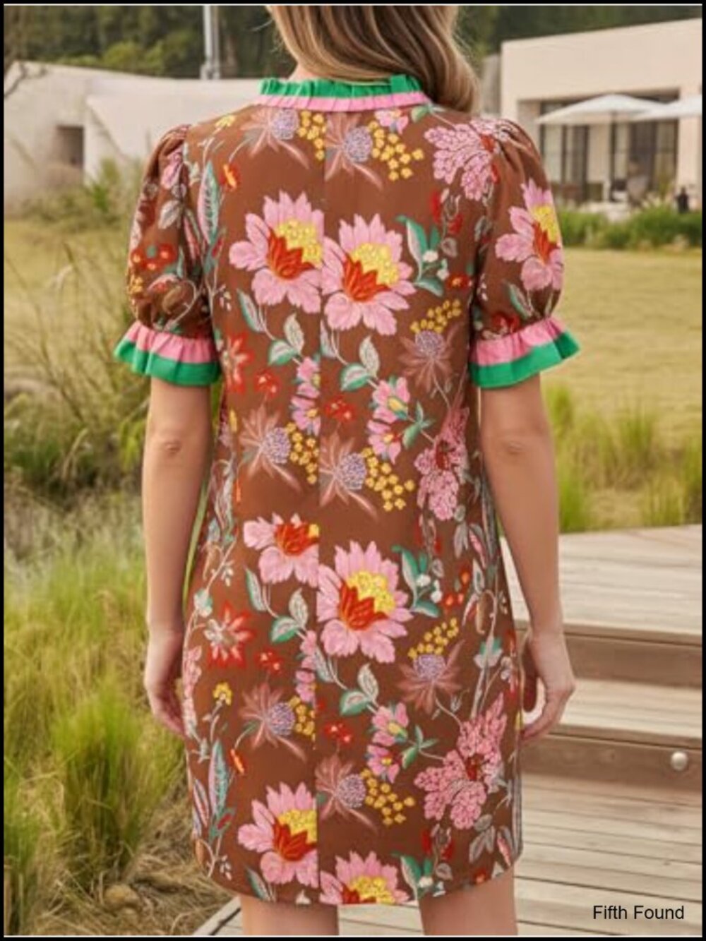 Women's Floral Puff Sleeve V-Neck Button Down Ruffle Shift Mini Dress with - Picture 4 of 6